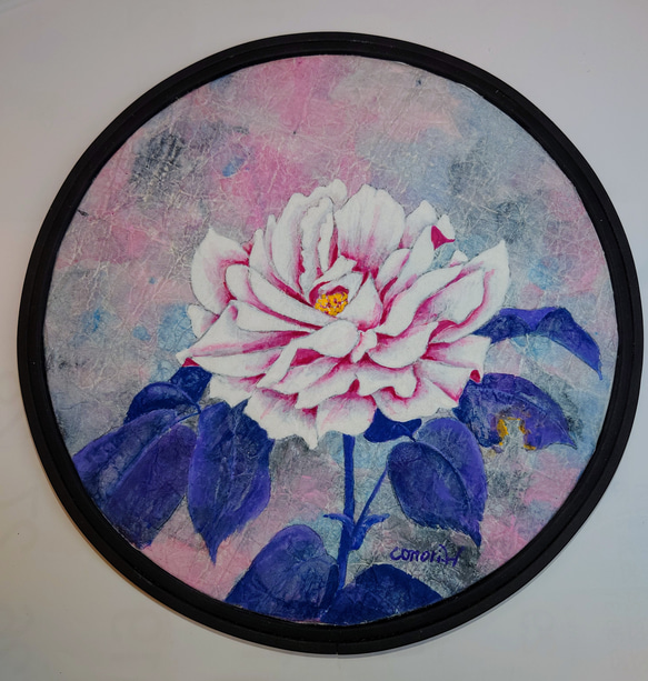 日本画 原画 薔薇（オリジナル揉紙に岩絵具で描いた日本画