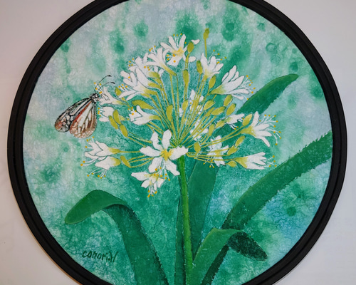 花の絵　日本画　アートパネル　インテリア　花の絵（アガパンサス） 日本画 アガパンサス（オリジナル揉紙に岩絵具で彩色した日本画
