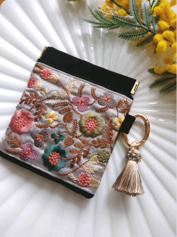12センチバネ口】インド刺繍ポーチ 両面 財布 帆布 ポーチ ◯カン付き