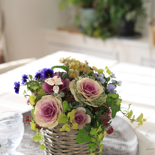 迎春♪葉牡丹のギャザリング寄せ植え♪バスケット スワッグ 木の実と