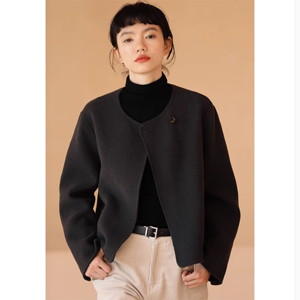 ウール混紡ジャケット ウールショートジャケット 丸襟ジャケット ワン