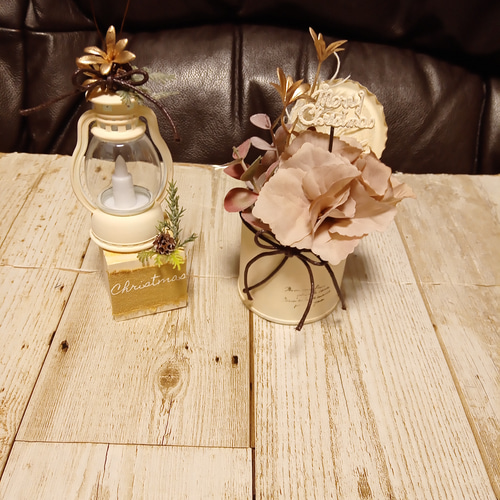 シャビーピンク×ホワイトなりメ缶アレンジとランタン風アレンジ  