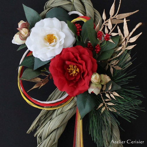 お正月飾り しめ縄 Lサイズ太目＜紅白 八重椿＞しめ飾り アーティ