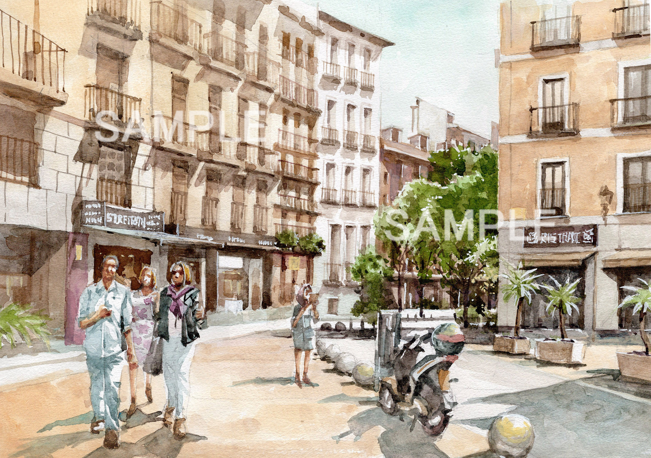 透明水彩画 スペイン バルセロナ街路 街並み 風景 原画 水彩紙