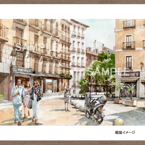 透明水彩画 スペイン バルセロナ街路 街並み 風景 原画 水彩紙 絵画