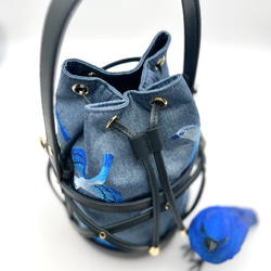 新作【TORICAGO_青い鳥◆デニム×ネイビー◆金具ゴールド】鳥籠モチーフデザイン＊褒められバッグ 5枚目の画像