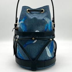 新作【TORICAGO_青い鳥◆デニム×ネイビー◆金具ゴールド】鳥籠モチーフデザイン＊褒められバッグ 4枚目の画像