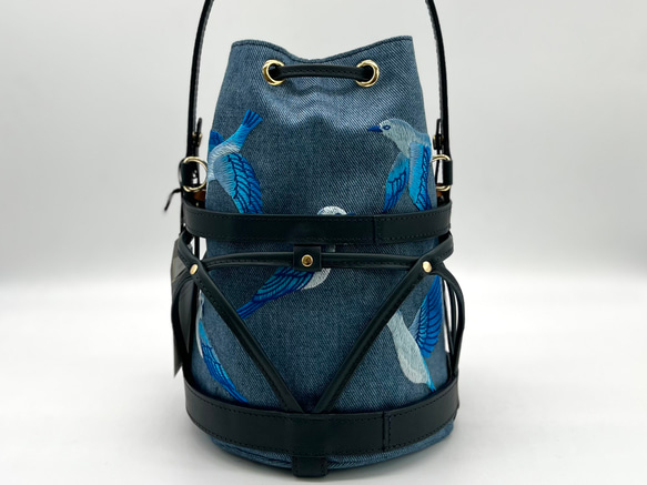 新作【TORICAGO_青い鳥◆デニム×ネイビー◆金具ゴールド】鳥籠モチーフデザイン＊褒められバッグ 4枚目の画像