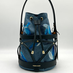 新作【TORICAGO_青い鳥◆デニム×ネイビー◆金具ゴールド】鳥籠モチーフデザイン＊褒められバッグ 2枚目の画像