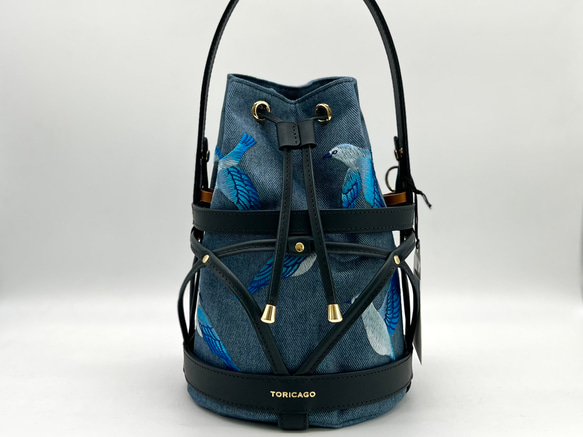 新作【TORICAGO_青い鳥◆デニム×ネイビー◆金具ゴールド】鳥籠モチーフデザイン＊褒められバッグ 2枚目の画像