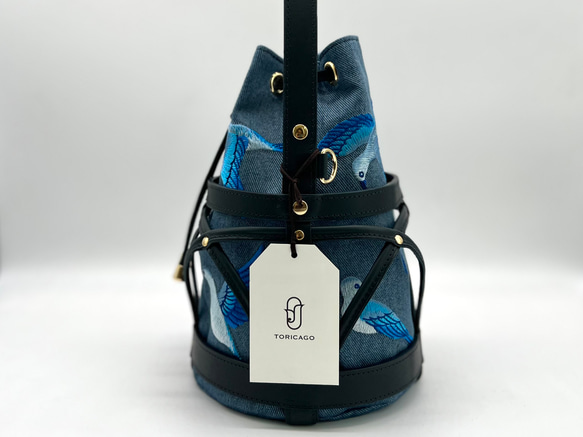 新作【TORICAGO_青い鳥◆デニム×ネイビー◆金具ゴールド】鳥籠モチーフデザイン＊褒められバッグ 3枚目の画像