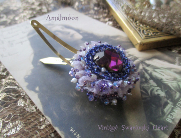 *♥Lilas ライラックの精霊 *Vintage Swarovski Stone Heart Hair Clip*♥* 1枚目の画像