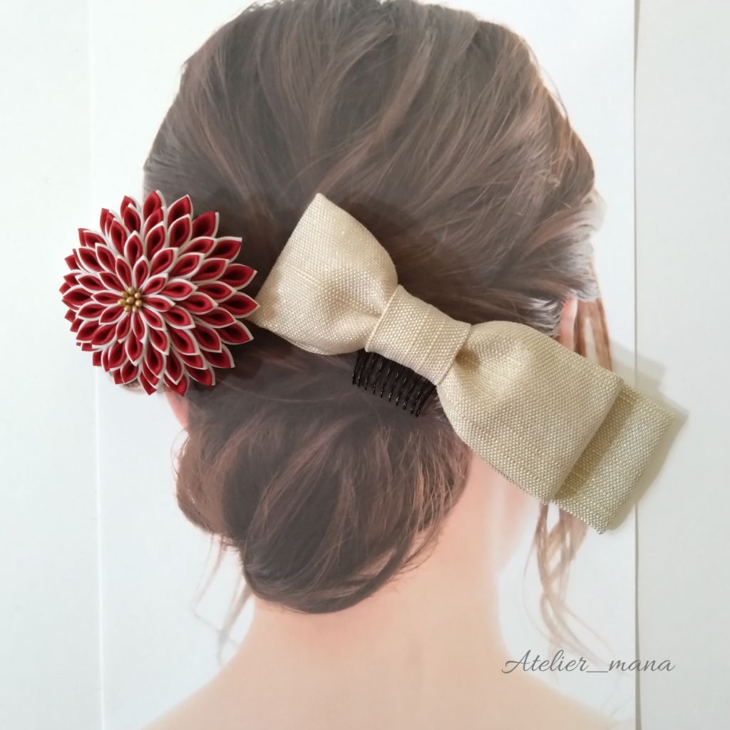 和装　つまみ細工半クスとリボンの髪飾り　ウェディングや成人式・卒業式に