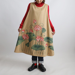 夏準備ＳＡＬＥ　１０５ｃｍ　手描き　コットンチノ生地　和画衣　清らかに咲く蓮　花　ワンピース　ジャンパースカートK80C 5枚目の画像