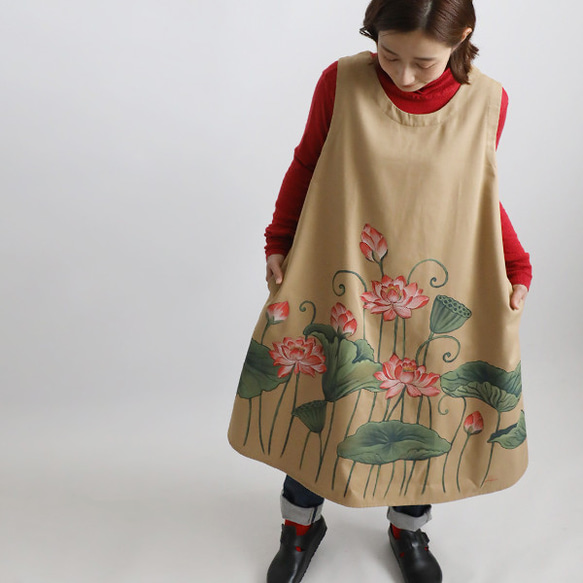 母の日ＳＡＬＥ　１０５ｃｍ　手描き　コットンチノ生地　和画衣　清らかに咲く蓮　花　ワンピース　ジャンパースカートK80C 12枚目の画像