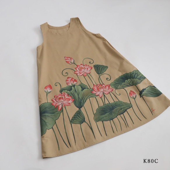 夏準備ＳＡＬＥ　１０５ｃｍ　手描き　コットンチノ生地　和画衣　清らかに咲く蓮　花　ワンピース　ジャンパースカートK80C 3枚目の画像