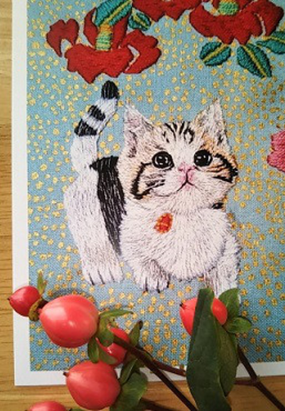 おめでたいツバキと子猫のポストカードセット　「１」 2枚目の画像