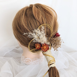 ゴールド×オレンジレッド  成人式髪飾り ウェディングヘアアクセサリー 振袖 袴 色打掛 ヘッドドレス ドライフラワー 1枚目の画像
