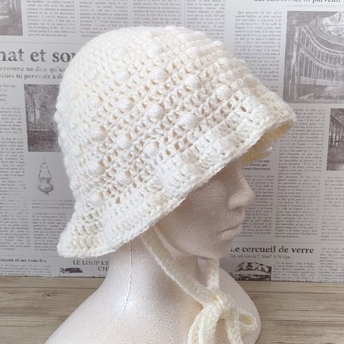 クロシェハット 手編み 紐付き バケットハット クローシュハット
