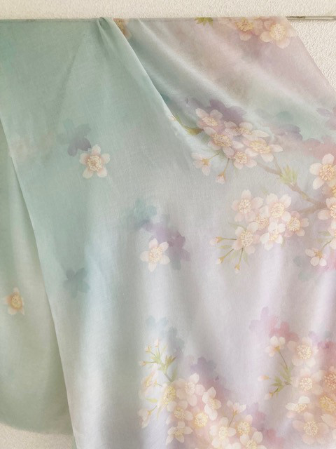 シルクカシミヤ桜ショール（グリーンパープル）