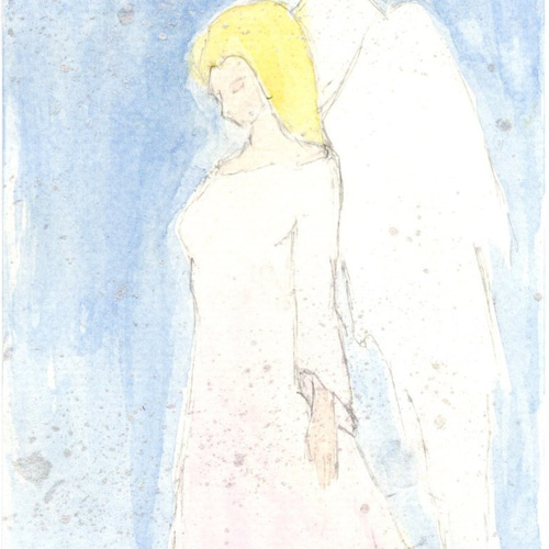 水彩画 直筆 『 静謐の天使 』 絵画 アクリル絵具 アクリルガッシュ 