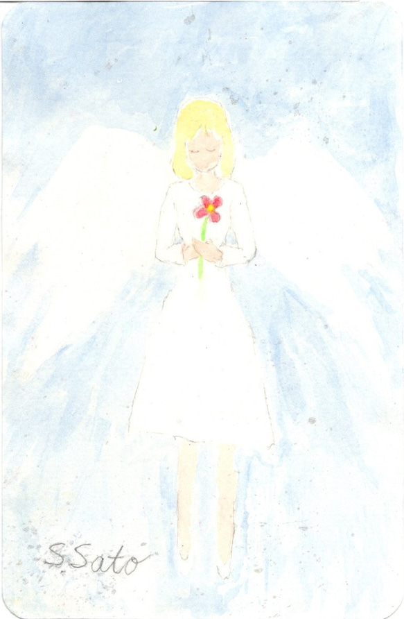 水彩画 直筆 『 天使と一輪の花 』 絵画　アクリル絵具　アクリルガッシュ 1枚目の画像