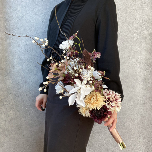 ホワイト＊チョコレートカラーの枝ブーケ アーティフィシャルフラワー