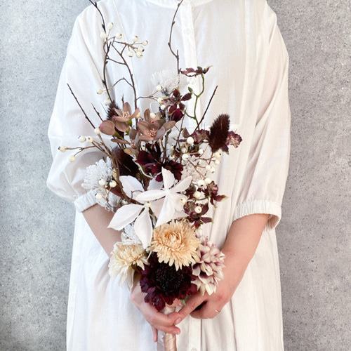 ホワイト＊チョコレートカラーの枝ブーケ アーティフィシャルフラワー