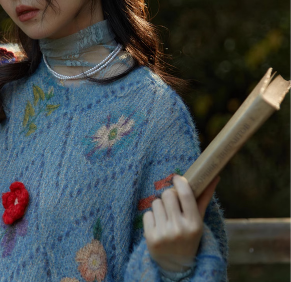 ❣️手編み ブルー.海の花ワパワパ モチモチニット ニットプルオーバー 3枚目の画像