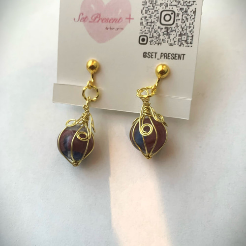 紫と青のワイヤーラッピングイヤリング ピアス イヤリング