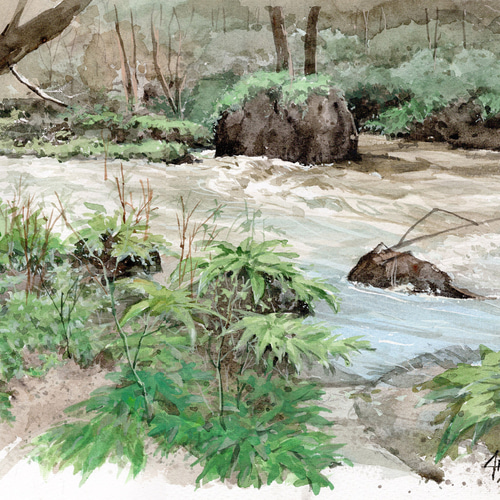 透明水彩画 奥入瀬渓流 街並み 風景 原画 水彩紙 絵画 信司 通販