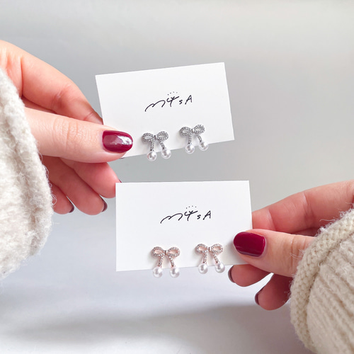 大人可愛いリボンパールピアス（イヤリング変更可能） ピンクゴールド