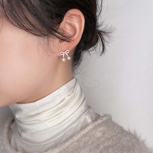 大人可愛いリボンパールピアス（イヤリング変更可能） ピンクゴールド