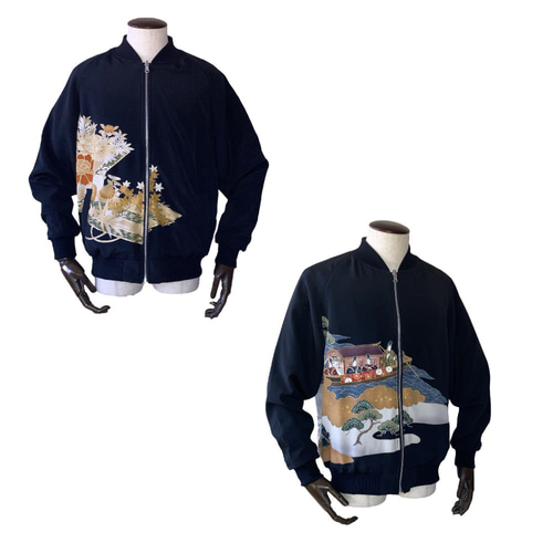 め1229着物リメイク正絹古布色留袖ジップアップスカジャンハンドメイドMサイズ L, 1点物,スカジャン,父の日ギフト,おしゃれなパパに,ジャケット