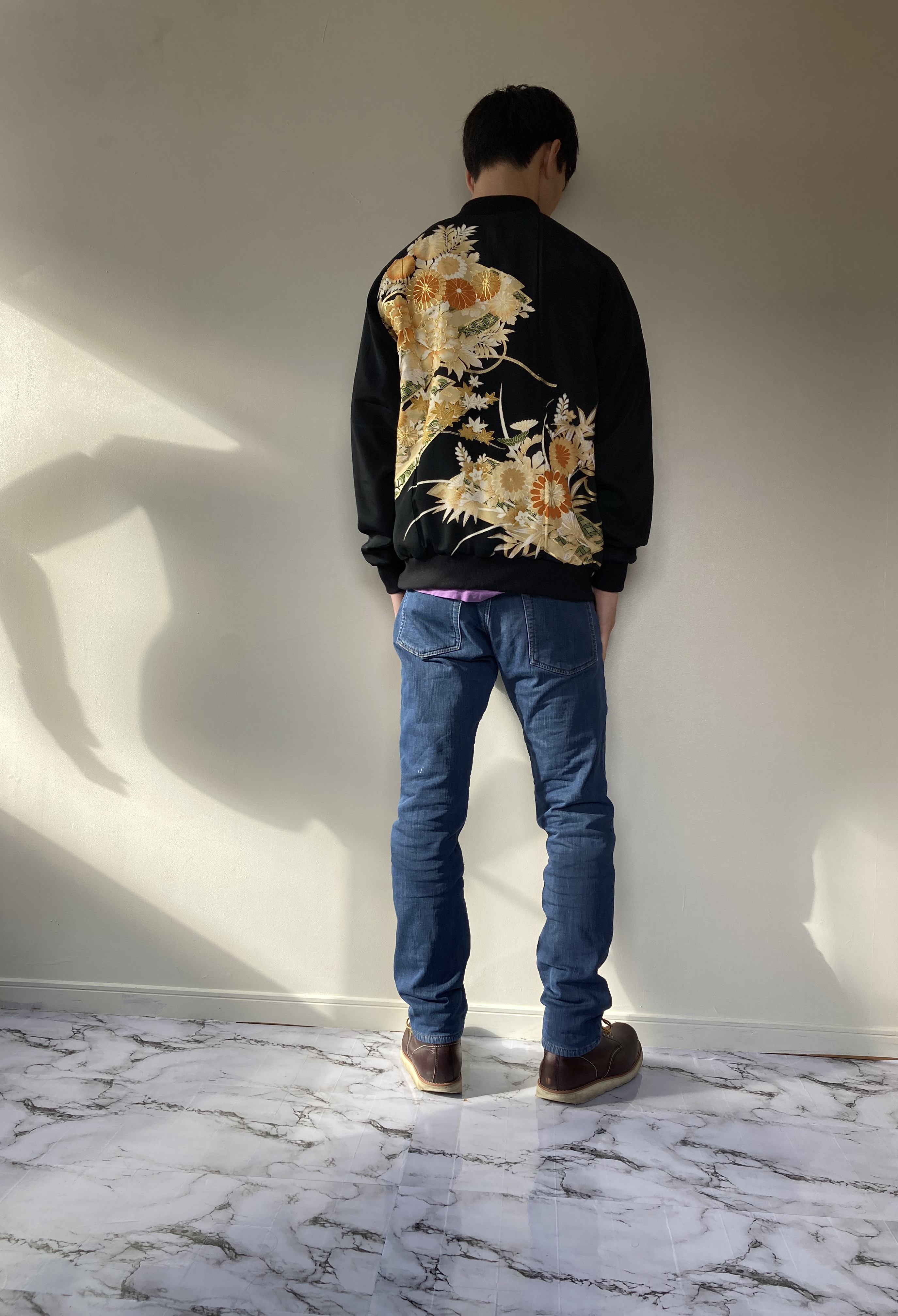 め1229着物リメイク正絹古布色留袖ジップアップスカジャンハンドメイドMサイズ