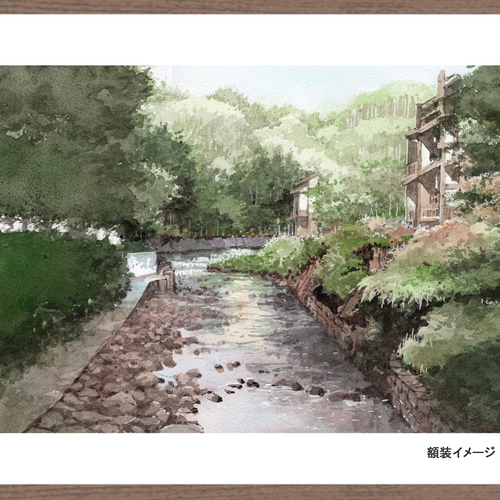 透明水彩画 黒川温泉田ノ原川渓流 街並み 風景 原画 水彩紙 絵画 透明水彩画 黒川温泉田ノ原川渓流 街並み 風景 原画 水彩紙 絵画