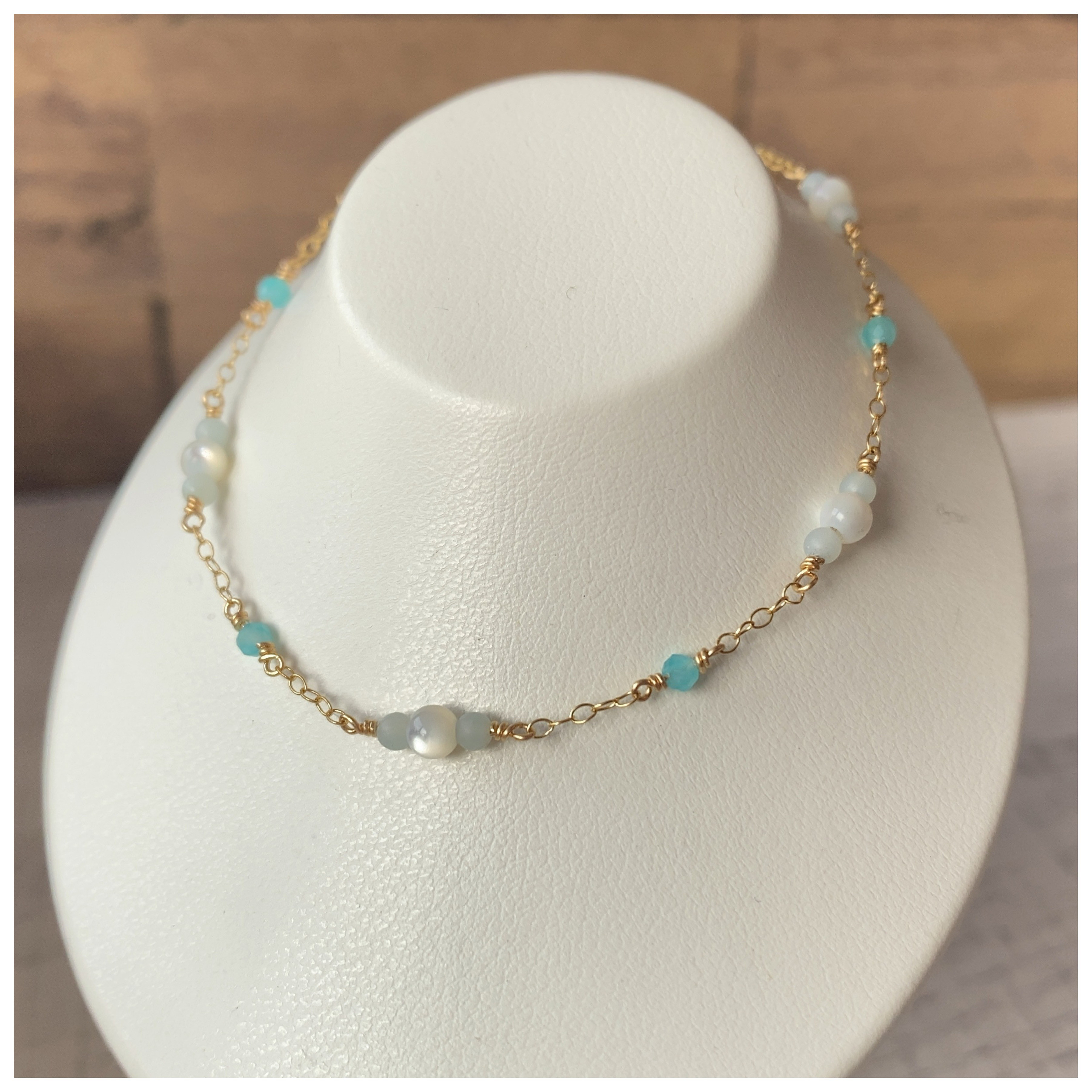 k14gf ステーションネックレス No.１２（フロストアマゾナイト、アマゾナイトシリカ、マザーオブパール）