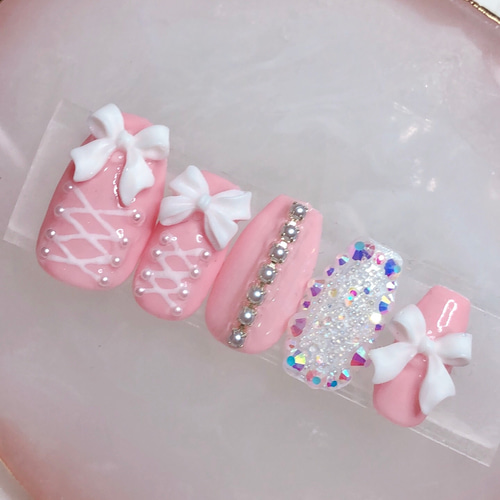 No.5 レースアップ♡バレリーナピンク ネイルチップ バレエ バレエコア