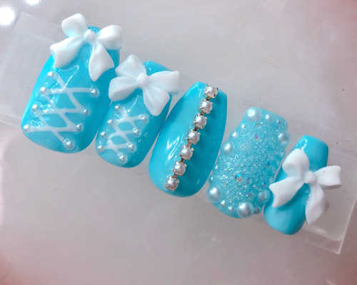 54))リボンネイル ブルーネイル バレエコア ネイルチップ フレンチガーリー 54))リボンネイル ブルーネイル バレエコア ネイルチップ