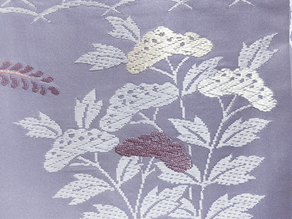 ワンタッチ帯　くらわん帯　正絹名古屋帯リメイク　藤色草花文様　作り帯　 3枚目の画像