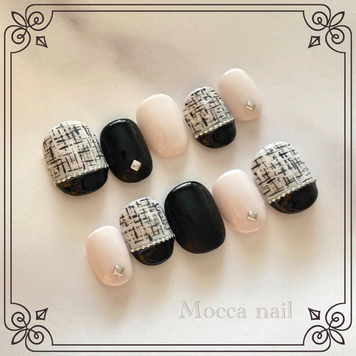 337】ブラックツイード モノトーン シルバースタッズ ネイルチップ