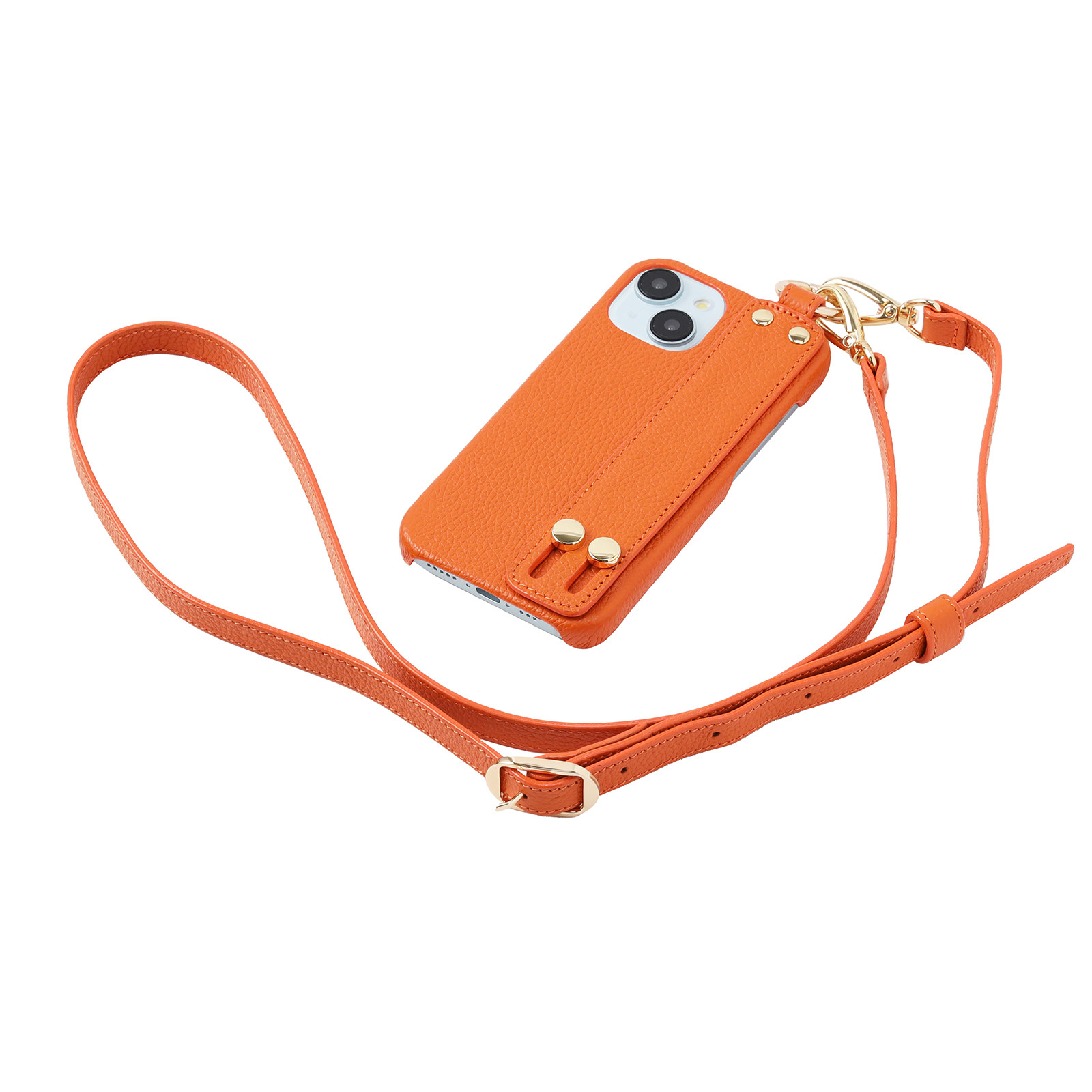 iPhone15 上品 本牛革 カバー ケース ベルト スタンド ハンドベルト オレンジ レザー  落下防止 シンプル