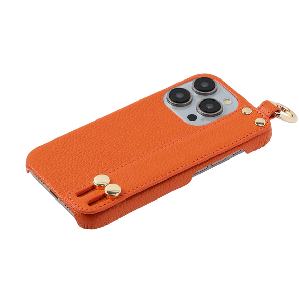 高級 iPhone15 / Plus / Pro / ProMax 本牛革 カバー ケース ベルト ストラップ オレンジ 9枚目の画像