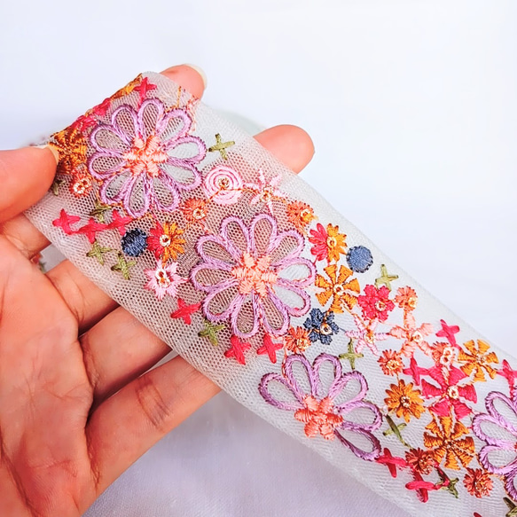 【50cm】【50mm幅】インド刺繍リボン　ホワイト刺繍　フリンジ　フラワー　ハンドメイド　手芸　R043 11枚目の画像