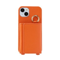 iPhone15 / Plus / Pro / ProMax 本牛革 カバー 財布付き ケース オレンジ ストラップ付 2枚目の画像