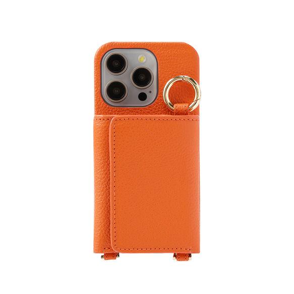 iPhone15 / Plus / Pro / ProMax 本牛革 カバー 財布付き ケース オレンジ ストラップ付 3枚目の画像