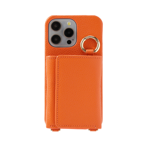 iPhone15 / Plus / Pro / ProMax 本牛革 カバー 財布付き ケース オレンジ ストラップ付 4枚目の画像