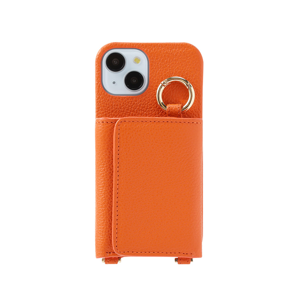 iPhone15 / Plus / Pro / ProMax 本牛革 カバー 財布付き ケース オレンジ ストラップ付 1枚目の画像