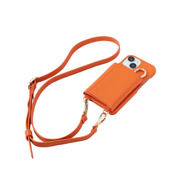 iPhone15 / Plus / Pro / ProMax 本牛革 カバー 財布付き ケース オレンジ ストラップ付 5枚目の画像