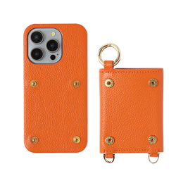 iPhone15 / Plus / Pro / ProMax 本牛革 カバー 財布付き ケース オレンジ ストラップ付 7枚目の画像